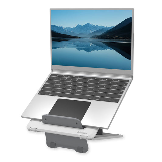 Fellowes Laptop Stand for Desk - Breyta Adjustable Laptop Riser for Home and Office - Portable Laptop Stand with 12 Height Adjustments - Max Laptop Size 14", Max Weight 4KG - White