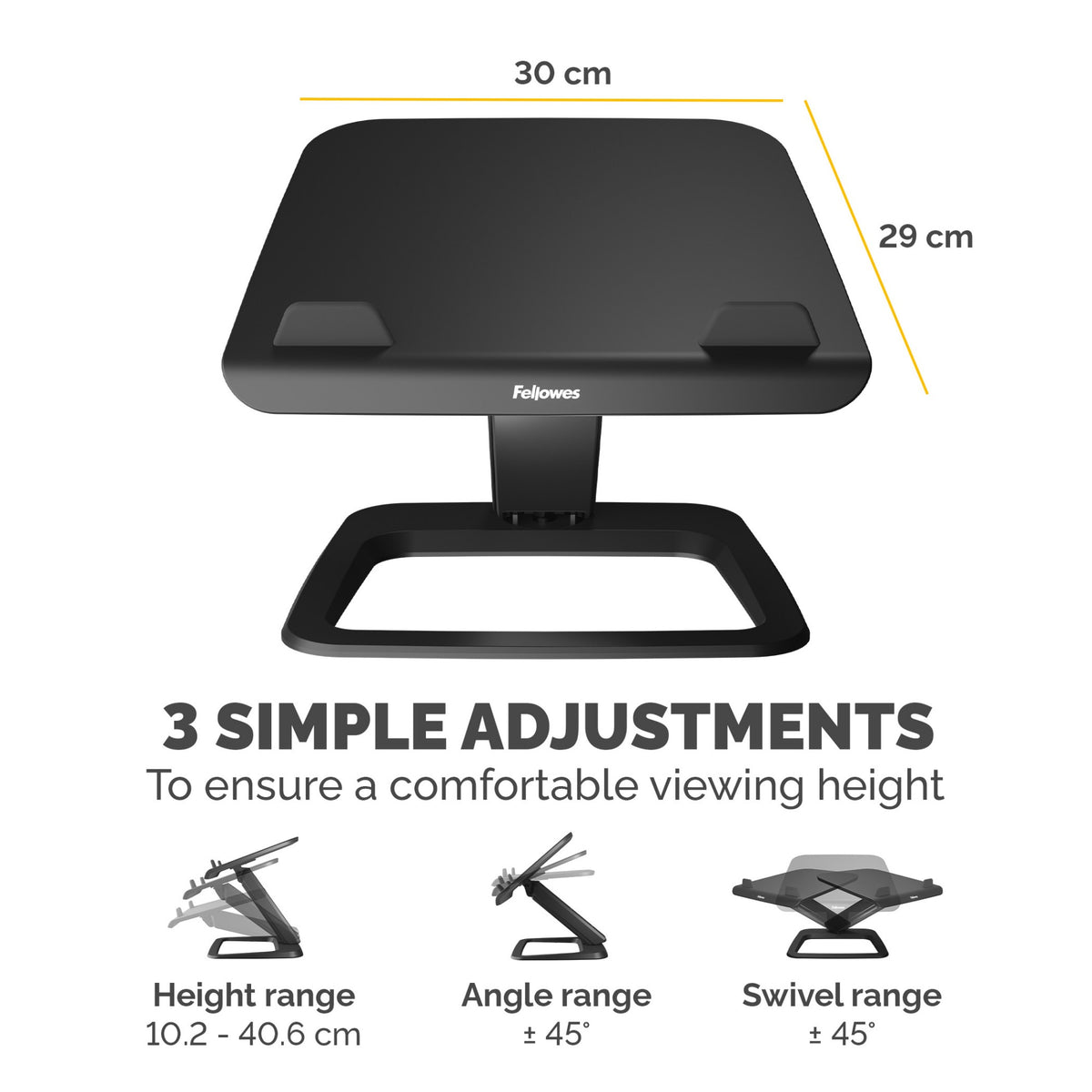 Fellowes Laptop Stand for Desk - Hana LT Laptop Stand for the Home and Office - Adjustable Laptop Stand with 3 Height Adjustments - Max Monitor Size 19", Max Weight 4.5KG - Black