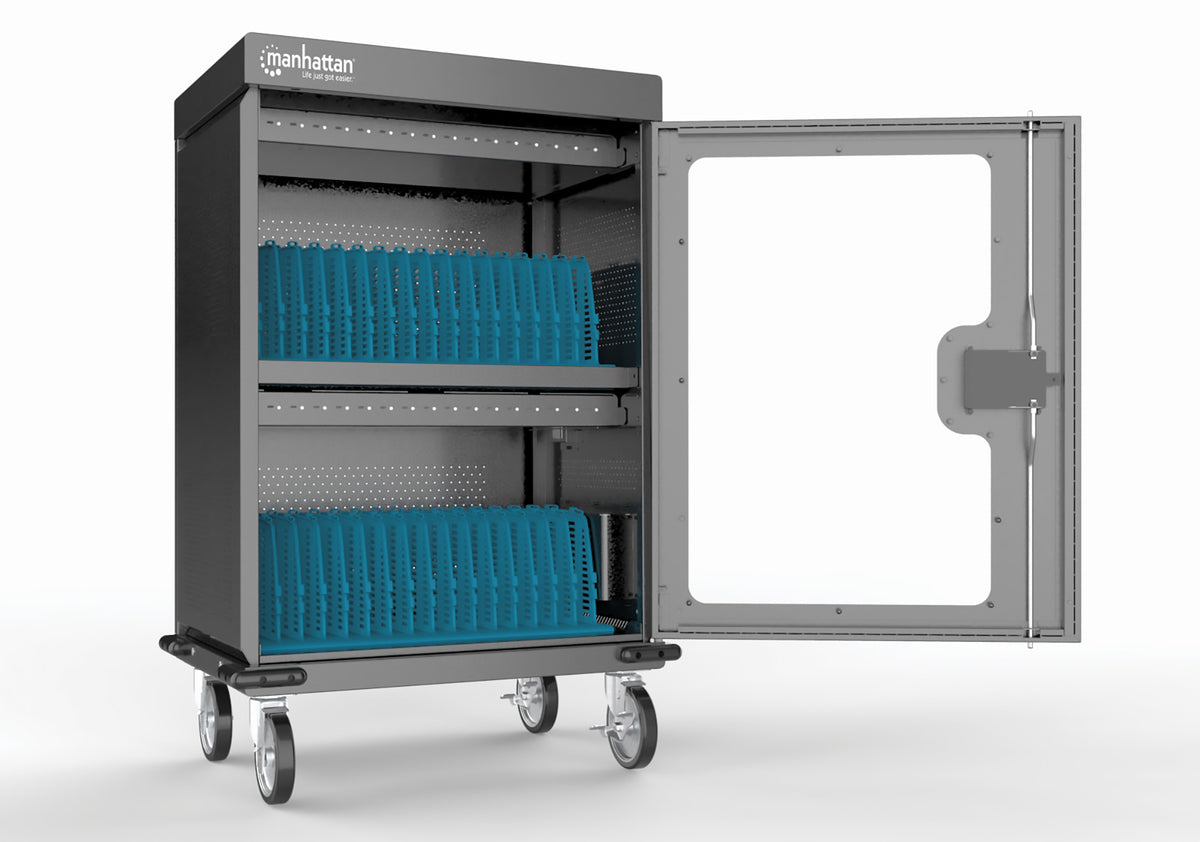 Manhattan iPad to 13", MacBook Air to 15" & Chromebook 16" 32-bay Charging Trolley/Cart via USB-C, Also other tablets/smartphones (with device to USB-C cable), Bays 404x27.6x283mm,Device charging cables not included (suggest USB-C cable 354868),Cabinet