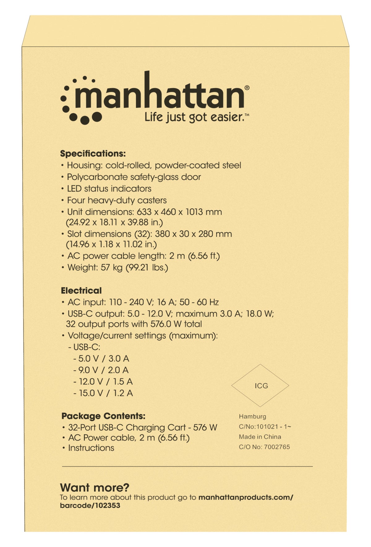 Manhattan iPad to 13", MacBook Air to 15" & Chromebook 16" 32-bay Charging Trolley/Cart via USB-C, Also other tablets/smartphones (with device to USB-C cable), Bays 404x27.6x283mm,Device charging cables not included (suggest USB-C cable 354868),Cabinet