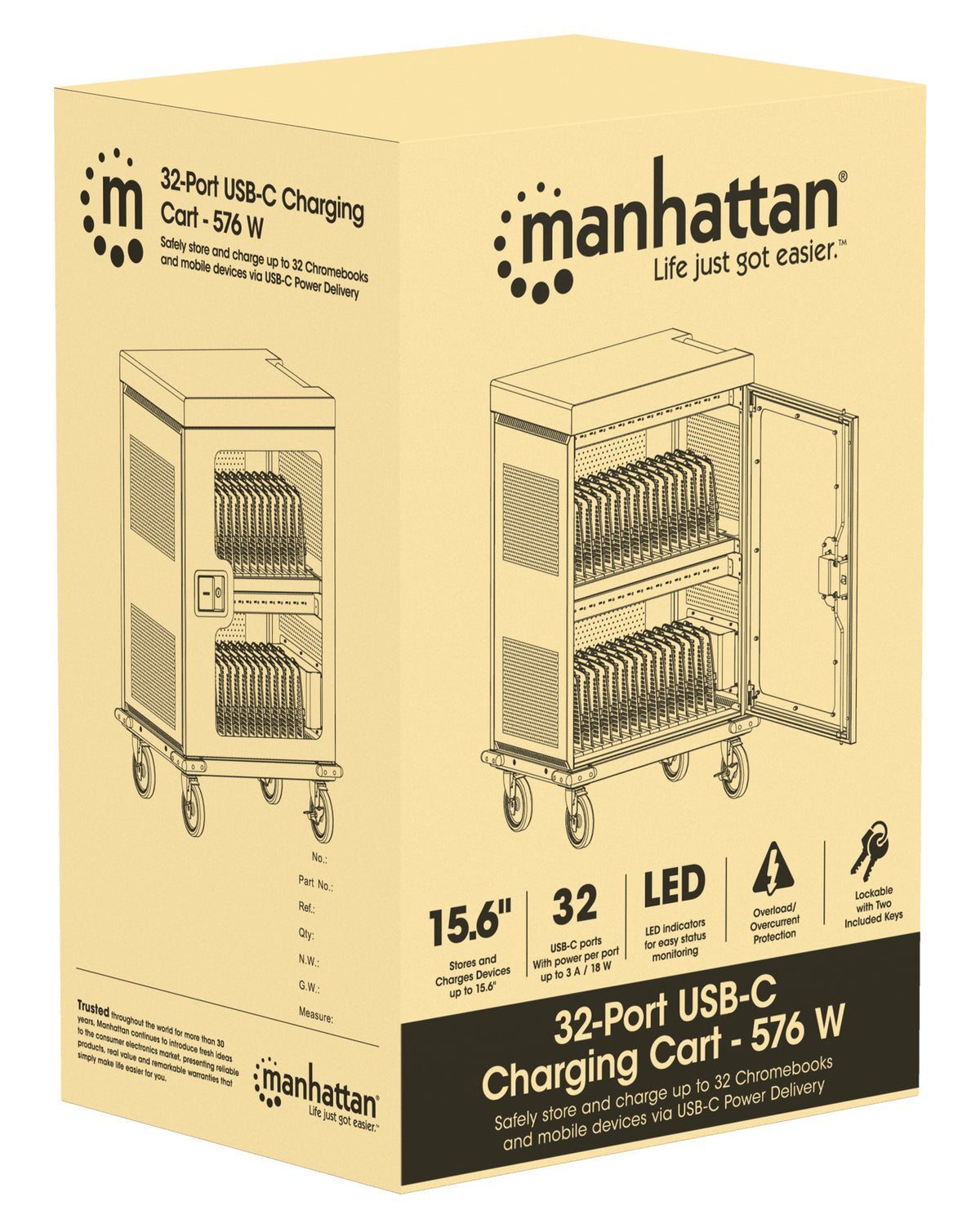 Manhattan iPad to 13", MacBook Air to 15" & Chromebook 16" 32-bay Charging Trolley/Cart via USB-C, Also other tablets/smartphones (with device to USB-C cable), Bays 404x27.6x283mm,Device charging cables not included (suggest USB-C cable 354868),Cabinet