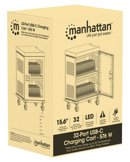 Manhattan iPad to 13", MacBook Air to 15" & Chromebook 16" 32-bay Charging Trolley/Cart via USB-C, Also other tablets/smartphones (with device to USB-C cable), Bays 404x27.6x283mm,Device charging cables not included (suggest USB-C cable 354868),Cabinet
