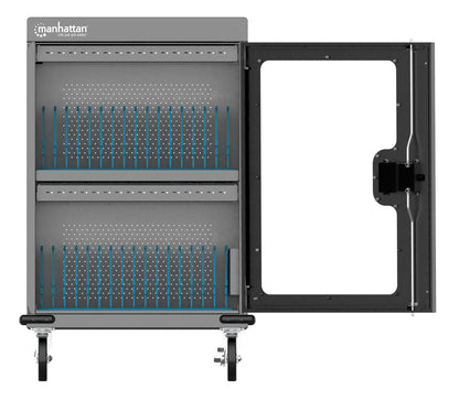 Manhattan iPad to 13", MacBook Air to 15" & Chromebook 16" 32-bay Charging Trolley/Cart via USB-C, Also other tablets/smartphones (with device to USB-C cable), Bays 404x27.6x283mm,Device charging cables not included (suggest USB-C cable 354868),Cabinet