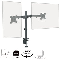 piXL Double Monitor Arm, For Upto 2x 27 inch Monitors, Desk Mounted, VESA dimensions of 75x75mm or 100x100mm, 180 Degrees Swivel, 15 Degrees Tilt, Weight Upto 10kg per screen, Built in Cable Management