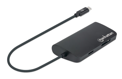 Manhattan USB-C Dock/Hub with Card Reader, Ports (x5): Ethernet, USB-A (3) and USB-C, 5 Gbps (USB 3.2 Gen1 aka USB 3.0), With Power Delivery (100W) to USB-C Port (Note additional USB-C wall charger and USB-C cable needed), Universal for all devices, Alumi