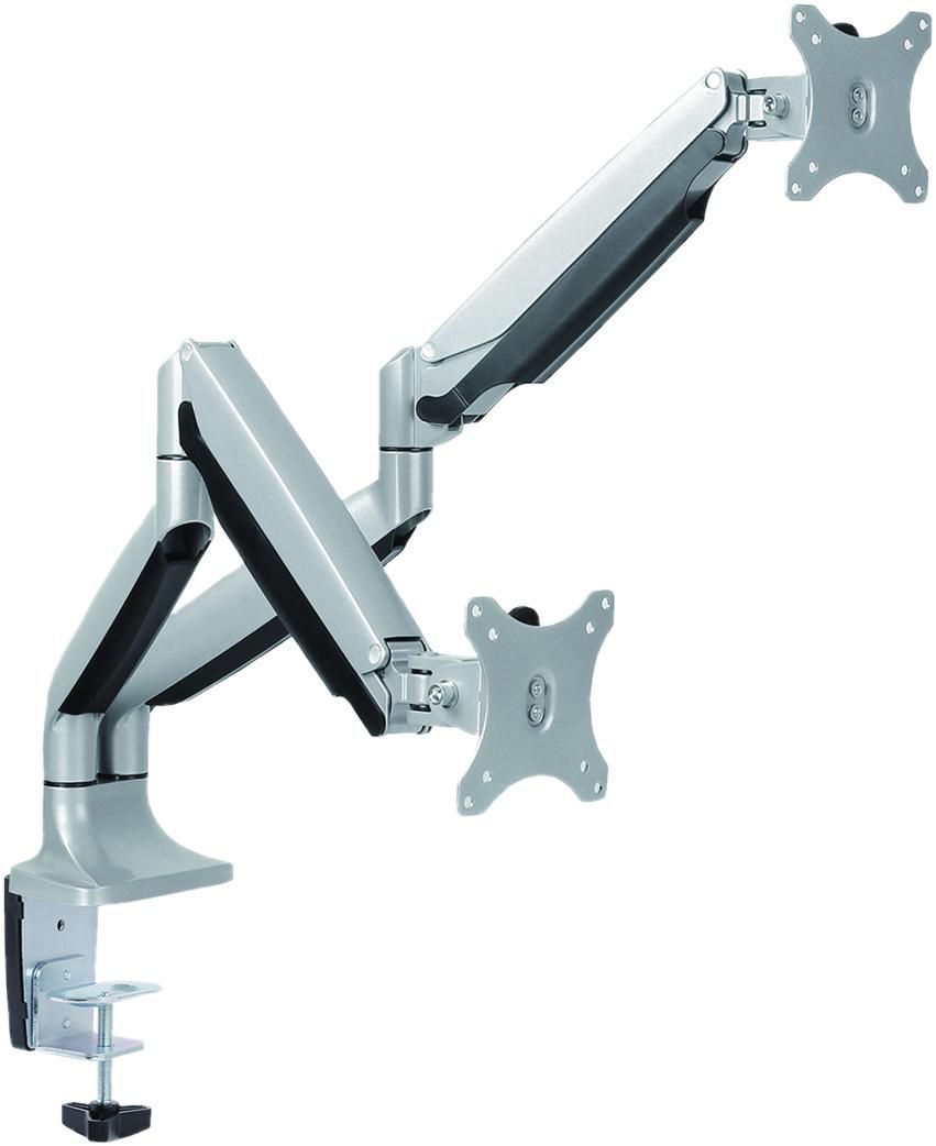 Value Dual Monitor Arm, Desk Clamp, 4 Joints, height adjustable separately, gas spring