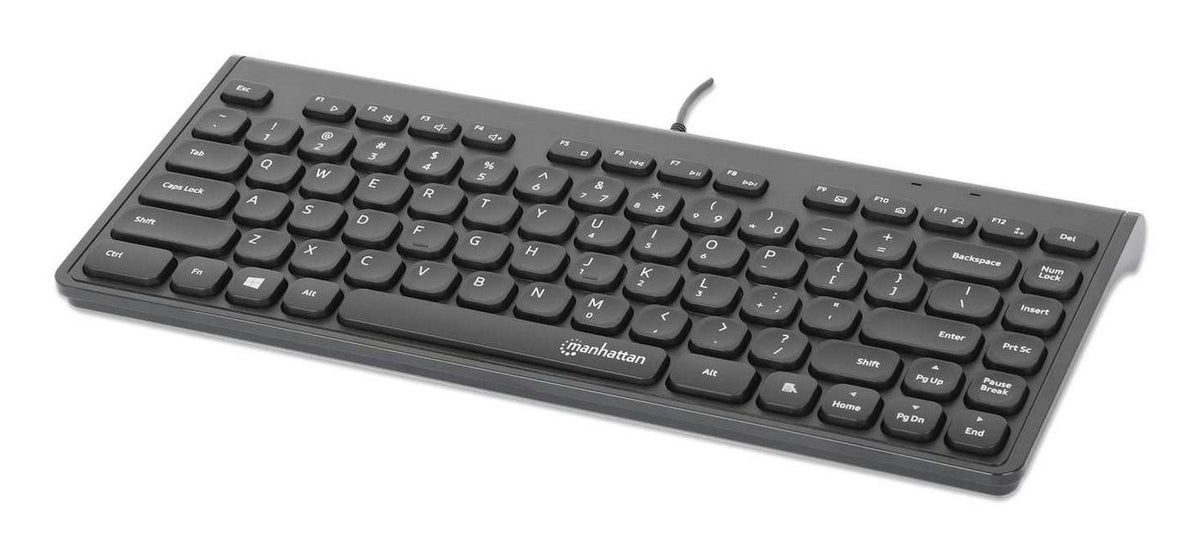 Manhattan Slim Wired Usb Mini Keyboard, 12 Multimedia/Function Keys, Built-In 1.5 M (5 Ft.) Usb-A Cable, Compact, Low-Profile Format, For Pc And