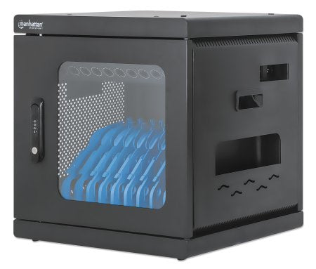 Manhattan Laptop Charging Cabinet Desktop via AC Adapter (EU) 10-bay, Install device's AC Adapter (power cables) into unit, Suitable for ALL laptops (to 15.6"), iPads, MacBooks, Chromebooks, other USB-C devices, Bays 380x30x280mm, Cart, Lockable Plug