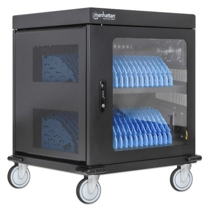 Manhattan Laptop Charging Cart/Trolley via AC Adapter (EU) 32-bay, Install device's AC Adapter (power cables) into unit, Suitable for ALL laptops (to 15.6"), iPads, MacBooks, Chromebooks, other USB-C devices, Bays 380x30x280mm, Cabinet, Lockable