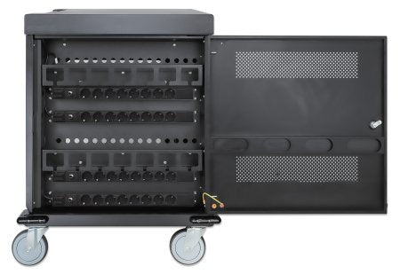 Manhattan Laptop Charging Cart/Trolley via AC Adapter (EU) 32-bay, Install device's AC Adapter (power cables) into unit, Suitable for ALL laptops (to 15.6"), iPads, MacBooks, Chromebooks, other USB-C devices, Bays 380x30x280mm, Cabinet, Lockable