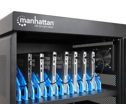 Manhattan Laptop Charging Cart/Trolley via AC Adapter (EU) 32-bay, Install device's AC Adapter (power cables) into unit, Suitable for ALL laptops (to 15.6"), iPads, MacBooks, Chromebooks, other USB-C devices, Bays 380x30x280mm, Cabinet, Lockable