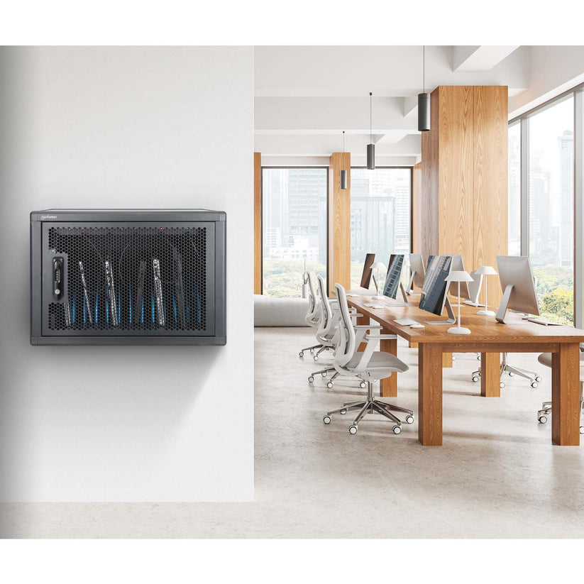 Manhattan Laptop Charging Cabinet Desktop (or trolley) via USB-C 65W 16" 12-bay, Suitable for USB-C laptops (to 16"), iPads, MacBooks, Chromebooks, other USB-C devices, Bays 395x32.5x290mm, USB-C charging cables included,Cart, UK & EU