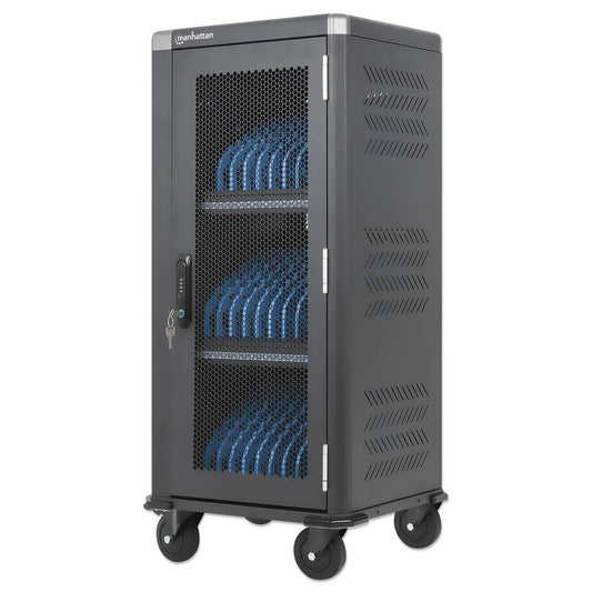 Manhattan iPad to 13", MacBook Air to 13" & Chromebook 14" 30-bay Charging Trolley/Cart via USB-C (30W), Also other tablets/smartphones (with device to USB-C cable), Bays 404x27.6x283mm, USB-C charging cables included, Cabinet
