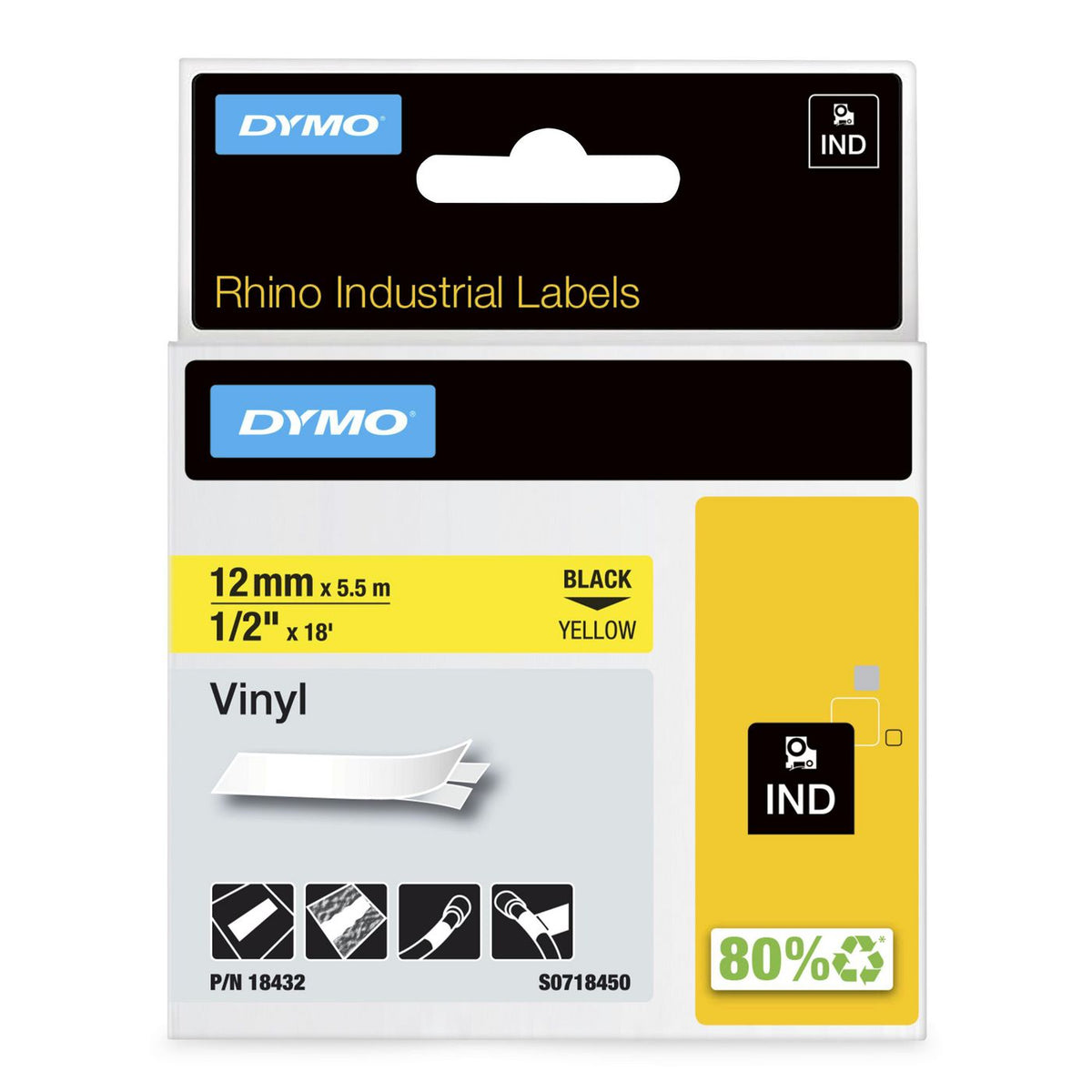 DYMO IND Vinyl Labels IND Vinyl Labels, Black on IND Vinyl Labels, Black on yellow, Multicolour, Vinyl, -40 - 80 °C, UL 969, DYMO