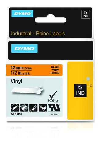 DYMO 18435 12mm Orange Vinyl Tape - S0718490 IND Vinyl Labels, Black on orange, Multicolour, Vinyl, -40 - 80 °C, UL 969, DYMO