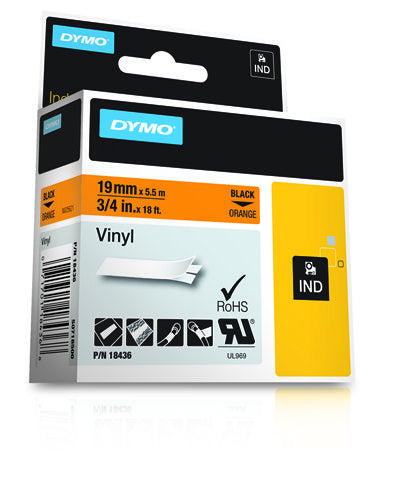 Dymo 18436/S0718500 Ribbon Vinyl black on orange 19mm x 5,5m for Dymo Rhino 6-19mm/24mm