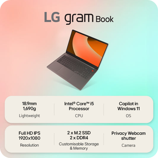 LG Gram Book 15.6" Copilot Laptop - Intel® Core™ i5 1334U, 512GB SSD, 16 GB RAM - Titan Silver