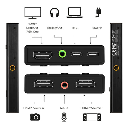 j5create JVA06 Dual HDMI™ Video Capture Card, 1920*1080 Video Capture Resolution, 3 x HDMI ports and 2 x USB ports, Black