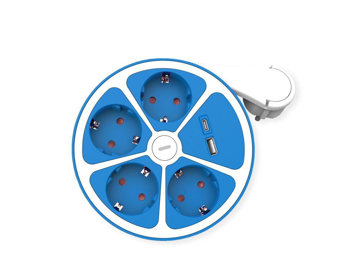 Roline Table Power Strip (round) 4x / + Sw.+ Fast Charger (1x USB A + 1x USB C), Blue, 1.5m
