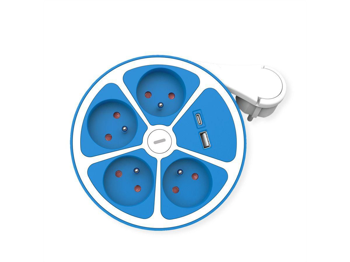 Roline FRENCH Table Power Strip (round) 4x / + Sw.+ Fast Charger (1x USB A + 1x USB C), Blue, 1.5m