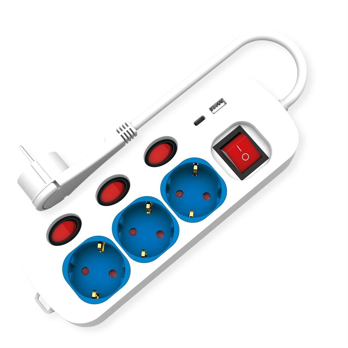 Roline Table Power Strip 3x / + Sw.+ colored +.Fast Charger (1x USB A + 1x USB C), Blue, 1.5m