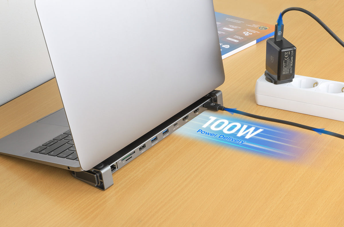 Manhattan USB-C Dock/Hub with Card Reader and MST, Ports (x7): Ethernet, HDMI (x2 4k@60Hz), USB-A (x3) and USB-C, with Power Delivery (PD) 100W- requires external USB-C charger (not included). USB powered (no external power supply required) when PD is not
