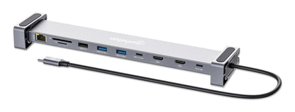 Manhattan USB-C Dock/Hub with Card Reader and MST, Ports (x7): Ethernet, HDMI (x2 4k@60Hz), USB-A (x3) and USB-C, with Power Delivery (PD) 100W- requires external USB-C charger (not included). USB powered (no external power supply required) when PD is not