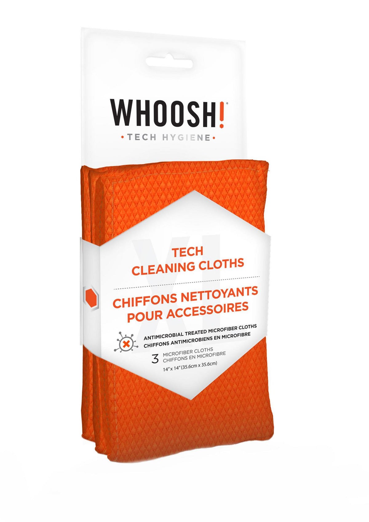 Whoosh! 3 Commercial sized Antimicrobial Treated Microfiber Cloths Size: 14" x 14" / 35.6cm x 35.6cm, in a peggable printed