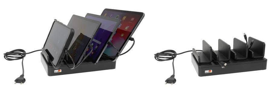 Brodit Table Stand 4-way desktop charging dock. With power cable, worldwide adapters included. Fits for dev 216202, Freestanding, ABS,