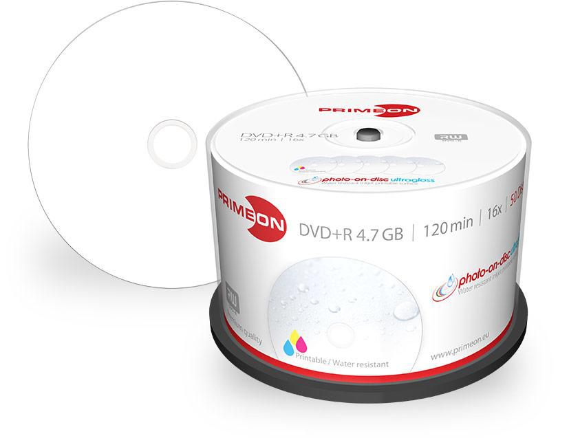 PRIMEON DVD-R 4.7GB/120Min/16x Cakebox (50 Disc) photo-on-disc ultragloss Surface, Water resistant Inkjet Fullsize Printable