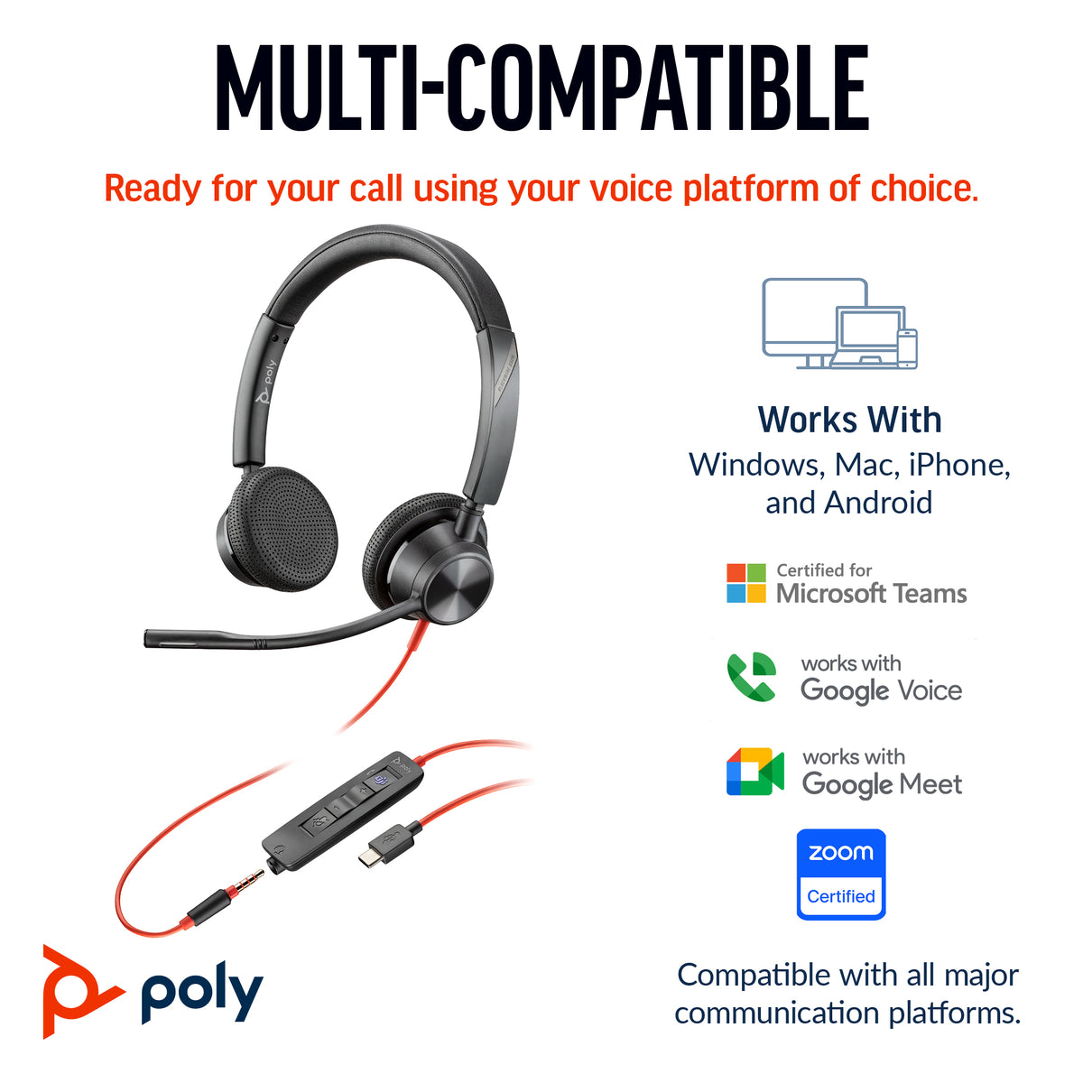 HP Poly Blackwire 3325 Stereo USB-C Headset +3.5mm Plug +USB-C/A Adapter