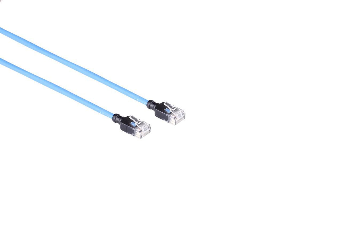 Mercodan KAT6A SLIM UTP 5.0m Patch cable Blue, Halogen-free LSZH, AWG28 3.7mm dia. Cu copper, Supports PoE++, 60W, max 50 meters