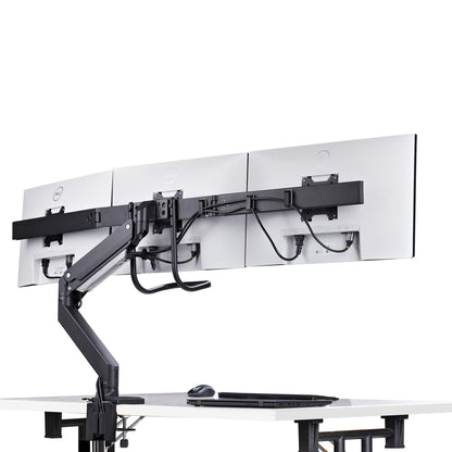 StarTech.com Desk Mount Triple Monitor Arm with Crossbar For Up To Three 27in Screens, VESA 75x75/100x100, Tool-Less Arm Adjustments, C-Clamp/Grommet, Spring-Assisted Arm