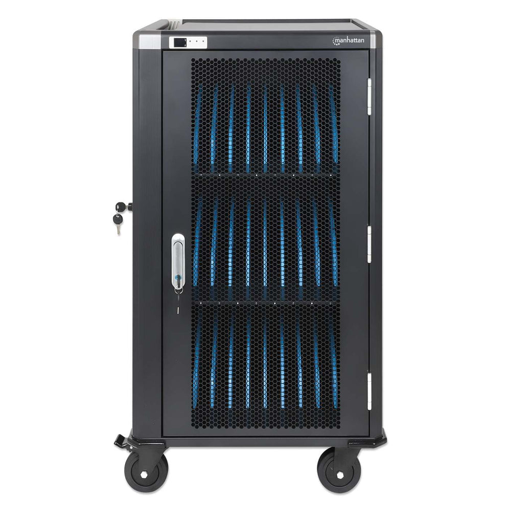 Manhattan Laptop Charging Cart/Trolley via AC Adapter (UK) 30-bay, Install device's AC Adapter (power cables) into unit, Suitable for ALL laptops (to 16"), iPads, MacBooks, Chromebooks, other portable devices, Bays 380x30x280mm, Black, Cabinet, Lockable