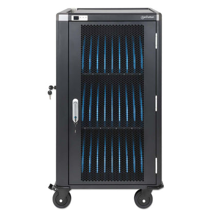 Manhattan Laptop Charging Cart/Trolley via AC Adapter (UK) 30-bay, Install device's AC Adapter (power cables) into unit, Suitable for ALL laptops (to 16"), iPads, MacBooks, Chromebooks, other portable devices, Bays 380x30x280mm, Black, Cabinet, Lockable