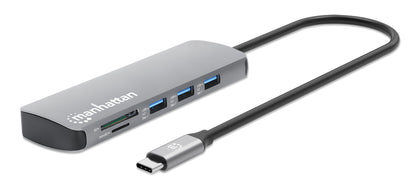 Manhattan USB-C Dock/Hub with Card Reader, Ports (x7): Ethernet, HDMI, USB-A (x3) and USB-C (x2), with Power Delivery (PD) 100W- requires external USB-C charger (not included). USB powered (no external power supply required) when PD is not in use