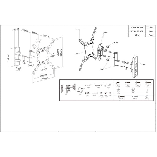 Manhattan Wall Mount for TV & Monitors (Full Motion), For screens 13" to 42", VESA compatibility: all between 75x75mm to 200x200mm - check the dimensions of the four mounting holes on back of screen to ensure it fits, Max 20kg, Black, Bracket