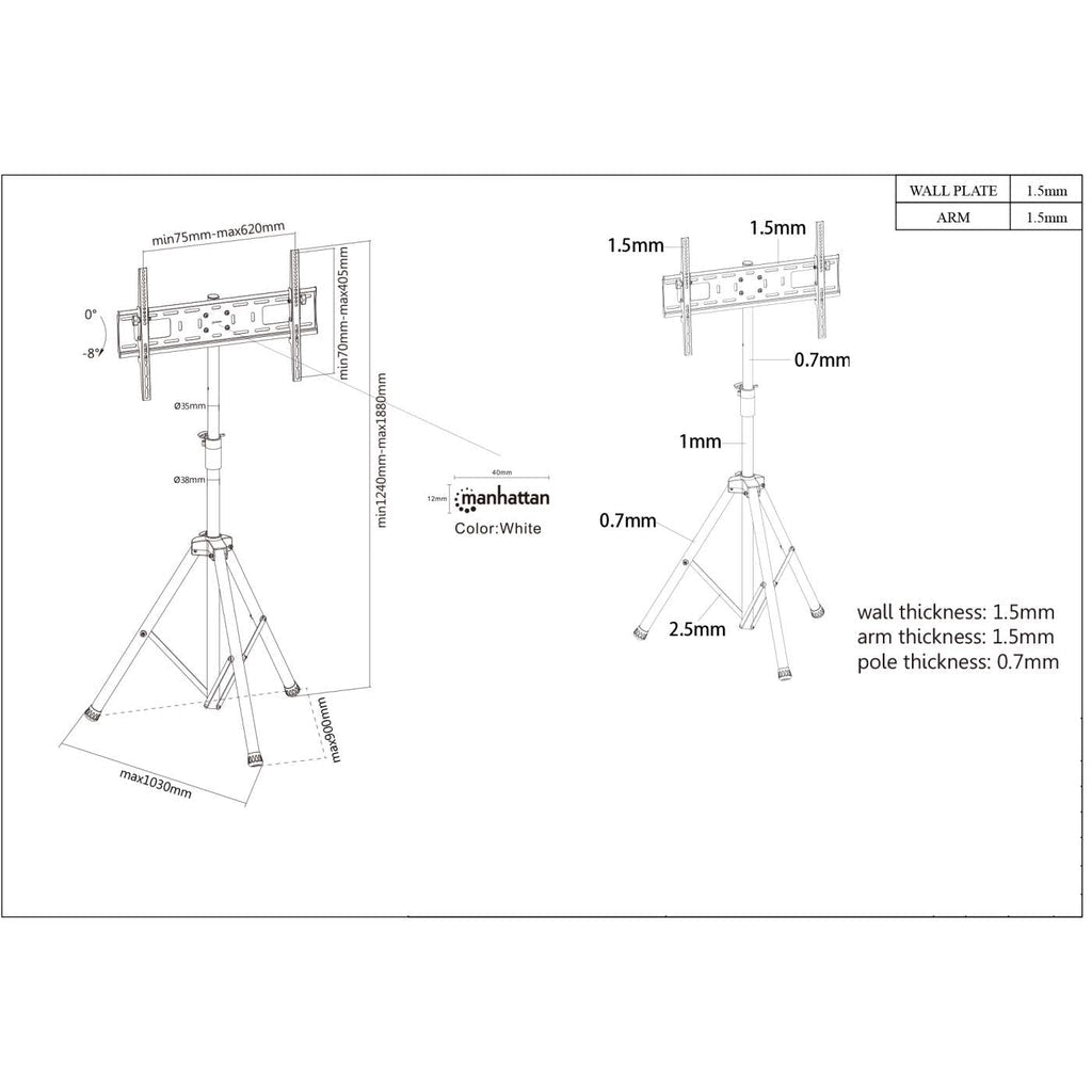 Manhattan Tripod Floor Mount for TV & Monitors, Stand Assembly, For screens: 37" to 65", VESA compatibility: all between 200x200 to 600x400mm - check the dimensions of the four mounting holes on back of screen to ensure it fits, Max 35kg, Black, LFD, Brac