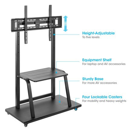 Manhattan Trolley Mount Stand for TV & Monitors, For screens 37" to 100", VESA compatibility: all between 200x200 to 800x600mm - check the dimensions of the four mounting holes on back of screen to ensure it fits, Max 150kg, Height-adjustable to four leve