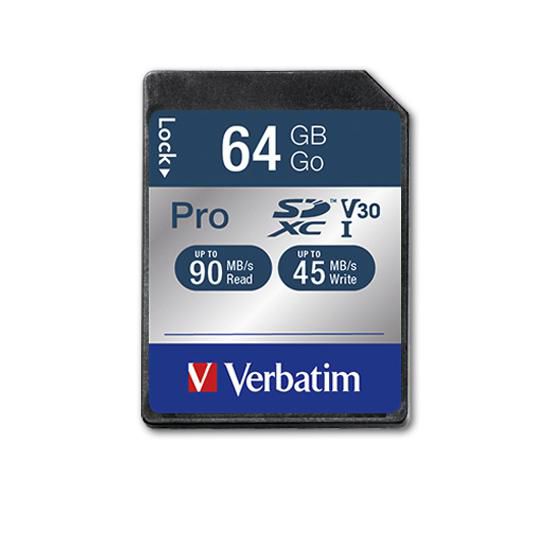 Verbatim SECURE DIGITAL CARD SDXC PRO UHS-I 64GB CLASS 10 (READ 90MB/SEC. WRITE 45MB/SEC) Pro, 64 GB, SDXC, Class 10, UHS, 90 MB/s, 45 MB/s