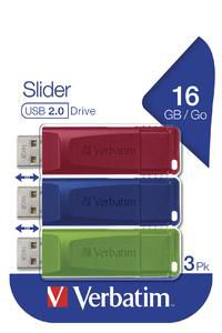 Verbatim USB DRIVE 2.0 STORE N GO SLIDER 3 X 16GB (RED / BLUE / GREEN) Slider, 16 GB, USB Type-A, 2.0, Slide, 8 g, Blue,Green,Red