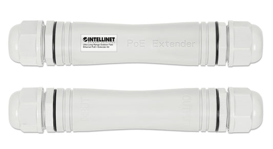 Intellinet Ultra Long Range Outdoor Fast Ethernet PoE+ Extender Kit Extends PoE up to 1000 m (3280 ft.), One PD Port up to 95 W, IEEE 802.3bt (4PPoE) Compatible, IP67 Waterproof and Dustproof, Set of Two Modules, Plastic, Gray