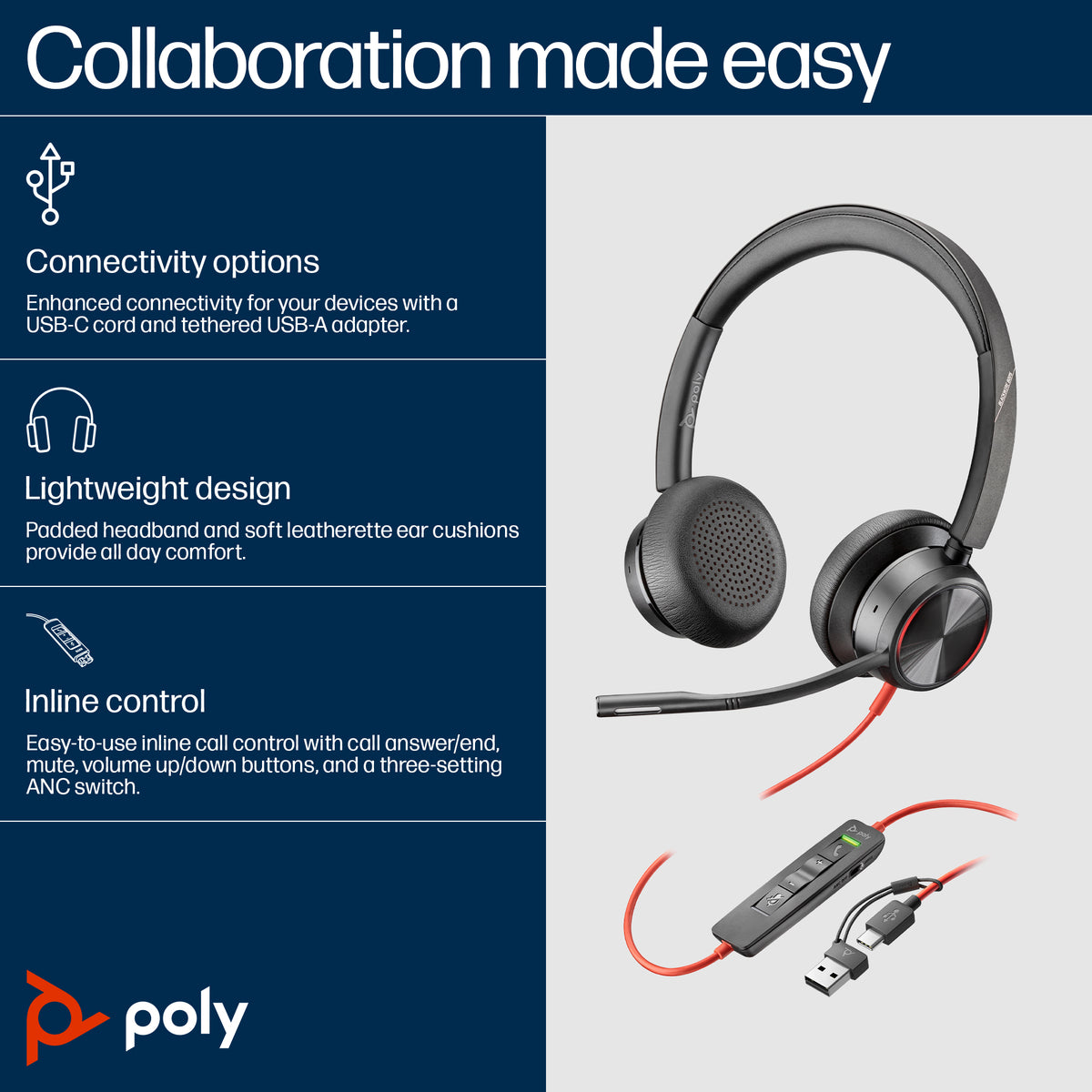 HP Poly Poly Blackwire 8225 Microsoft Teams Certified USB-C Headset
