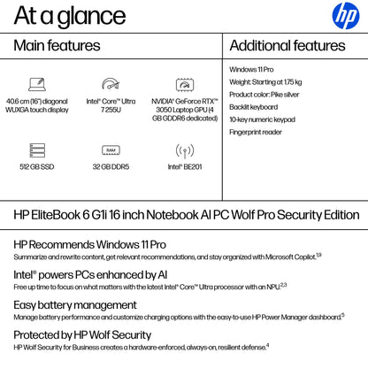 HP EliteBook 6 G1i 16 inch Notebook AI PC Wolf Pro Security Edition Intel Core Ultra 7 255U Laptop 40.6 cm (16") Touchscreen WUXGA 32 GB DDR5-SDRAM 512 GB SSD Wi-Fi 7 (802.11be) Windows 11 Pro Silver