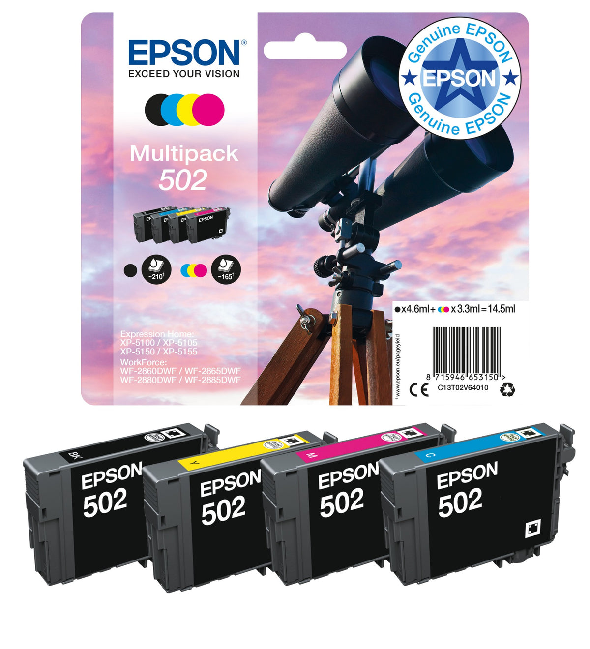 Epson C13T02W64010/502XL Ink cartridge multi pack Bk,C,M,Y high-capacity 28.4ml 9,2ml + 3x6,4ml Pack=4 for Epson XP-5100