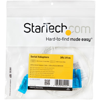 StarTech.com 3ft (91cm) 1-Port USB to RS232 DB9 Serial Adapter Cable, USB to Serial Adapter Cable - M/M