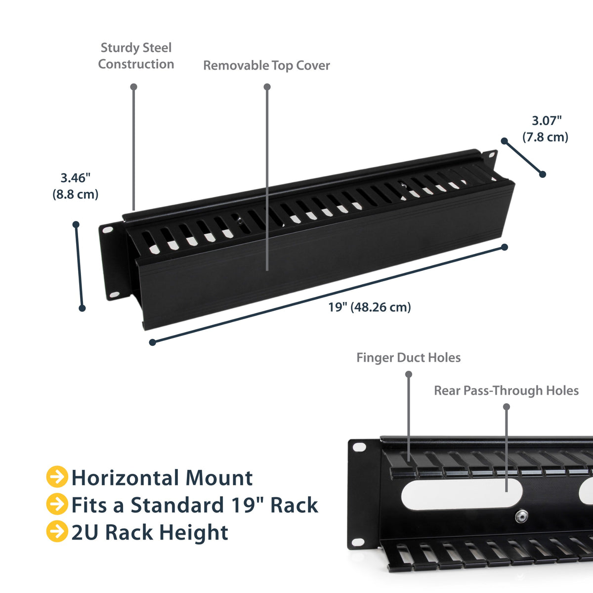 StarTech.com Horizontal 2U Server Rack Cable Management Finger Duct w/ Cover - 19" Network Rack Wire Duct Raceway Panel - Slotted Wire Duct