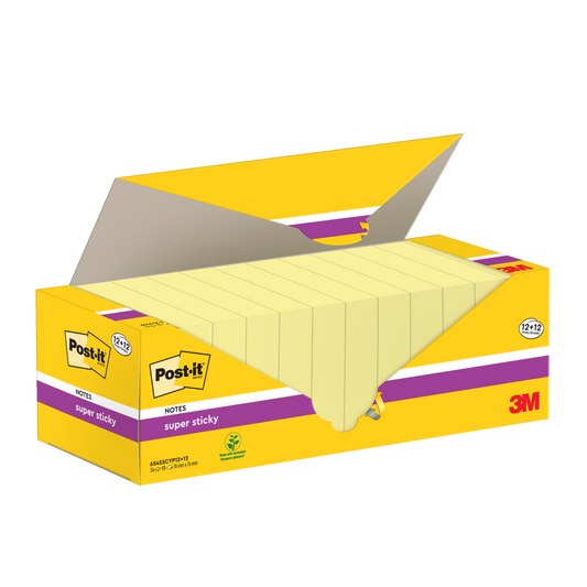 Post-It Super Sticky Notes Value Pack 76 mm x 76 mm 12 pads + 12 FREE Canary Yellow  (Pack 24) - 7100290162
