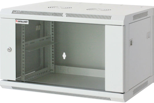 Intellinet 19" Network Cabinet - Wall Mount (Standard), 6U, 450mm Deep, Grey, Assembled, Max 60kg, Suitable also for use on desk or floor, Usable Depth 350mm, Metal & Glass Door, Back Panel, Removeable Sides, Parts for wall install (eg screws/rawl plugs)