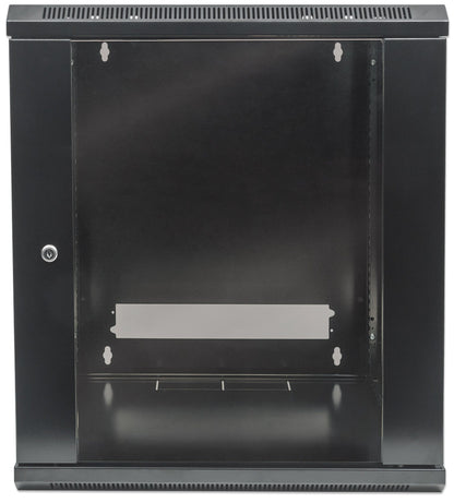 Intellinet 19" Network Cabinet - Wall Mount (Standard), 9U, 600mm Deep, Black, Flatpack, Max 60kg, Suitable also for use on desk or floor, Usable Depth 410mm, Metal & Glass Door, Back Panel, Removeable Sides, Parts for wall install (eg screws/rawl plugs)